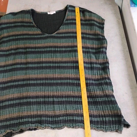 Eileen Fisher Gauzy Organic Cotton Top Womens L/XL Black Green Tan Stripes - Picture 9 of 10